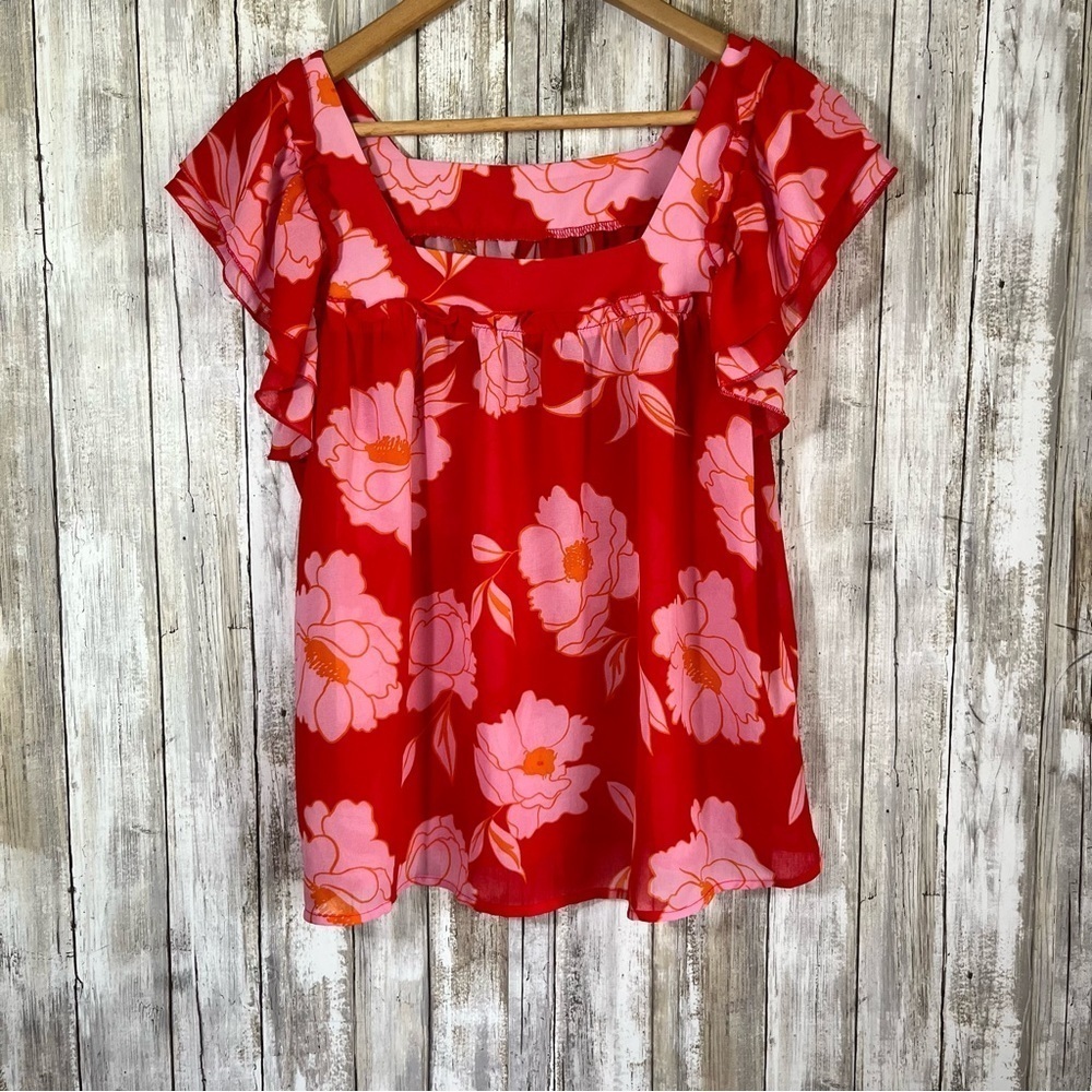 Jodifl Red & Pink Square Neck Floral Blouse - Picture 2 of 8